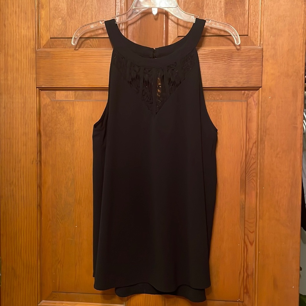 Classic black sleeveless blouse. Beautiful lace detail. Size large - EUC